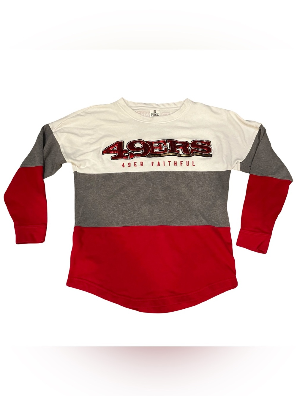 NFL 49ers x PINK Victoria Secret Sweatshirt Women XS Colorblock Sequins Red Gray